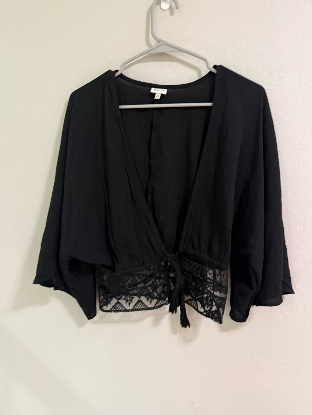 Selfie Black Sheer Lace Trim Tie Front Cropped Blouse M